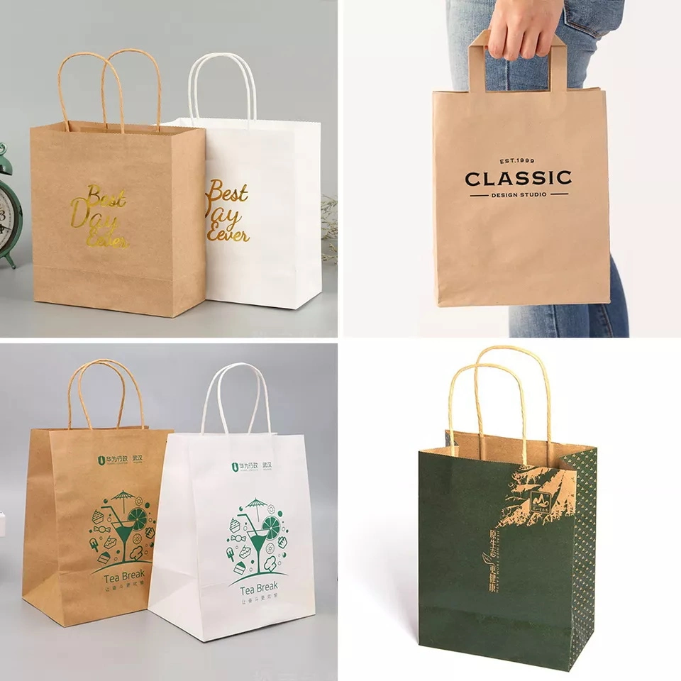 Recycled Biodegradable Retail Grocery Shopping Packaging Custom Made Fast Food Take Away Clothes Packaging Kraft Paper Bag